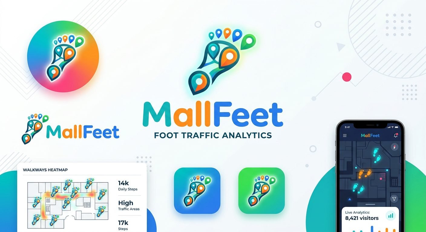 MallFeet brand board: pin-footprint logo, heatmap dashboard and app
